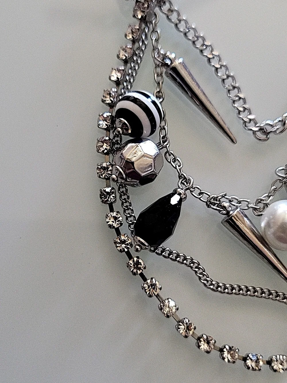 Edgy Glam Charm Bangle Bracelet Silver Tone Spikes Pearls Rhinestones